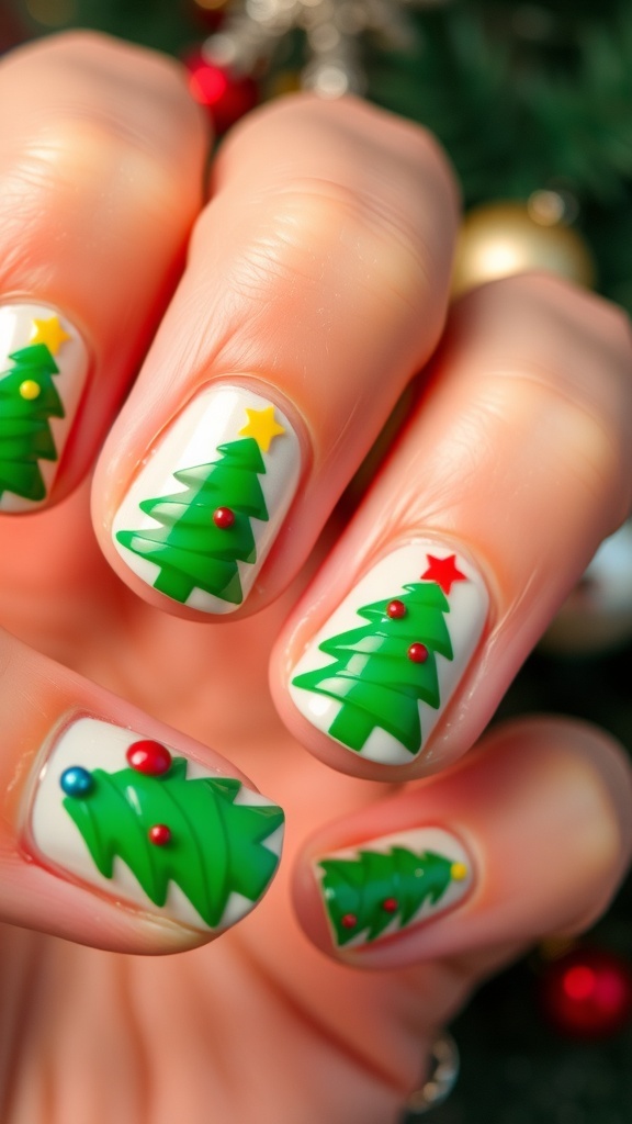 Nails with zigzag Christmas tree design in green with colorful ornaments.